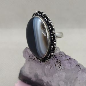 Silver Tone Faux (?) Banded Agate Filigree Statement Ring Size 10